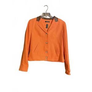 Lauren Ralph Lauren orange 100% linen blazer with a brown leather collar 14